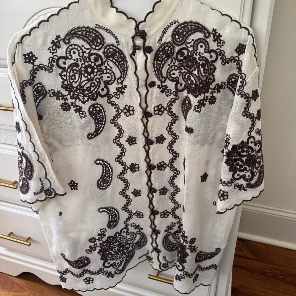 Zimmermann Ascension Embroidered Linen Shirt Ivory Chocolate, size 1/S